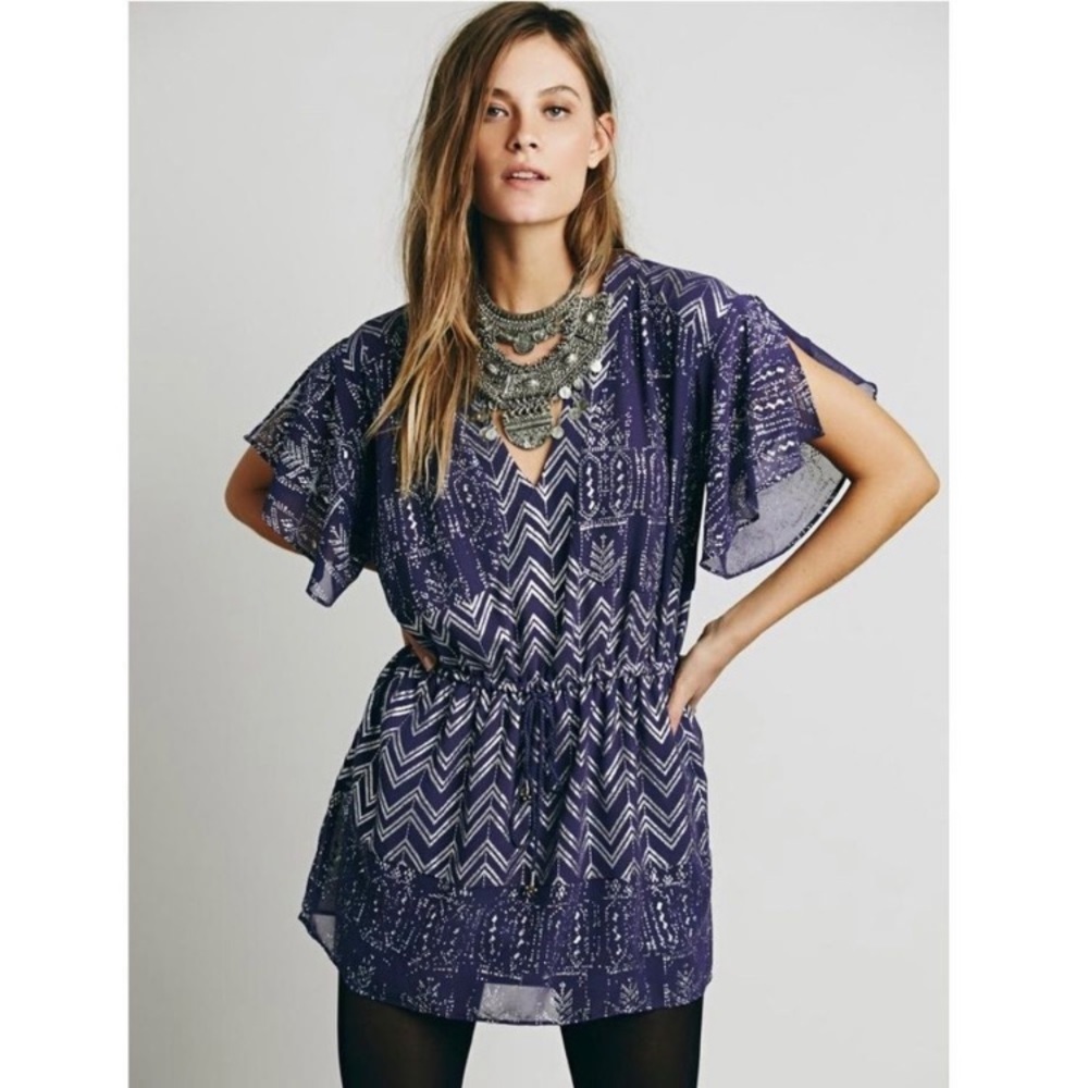 Free People Metallic Chevron Tunic Mini Dress Purple Silver Flutter Sleeve Boho